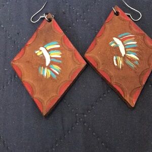 Hand-Painted Brown Leather Diamond Earrings with Turquoise Accent